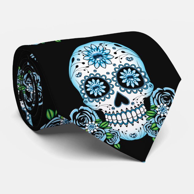 Sugar Skull Teal Collage Ties Day of the Dead Tie Men's Halloween Ties